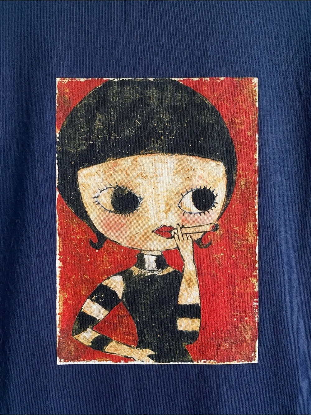 Pop Surrealism Smoking Girl Red Background Navy Blue T-Shirt - Picture 2 of 3